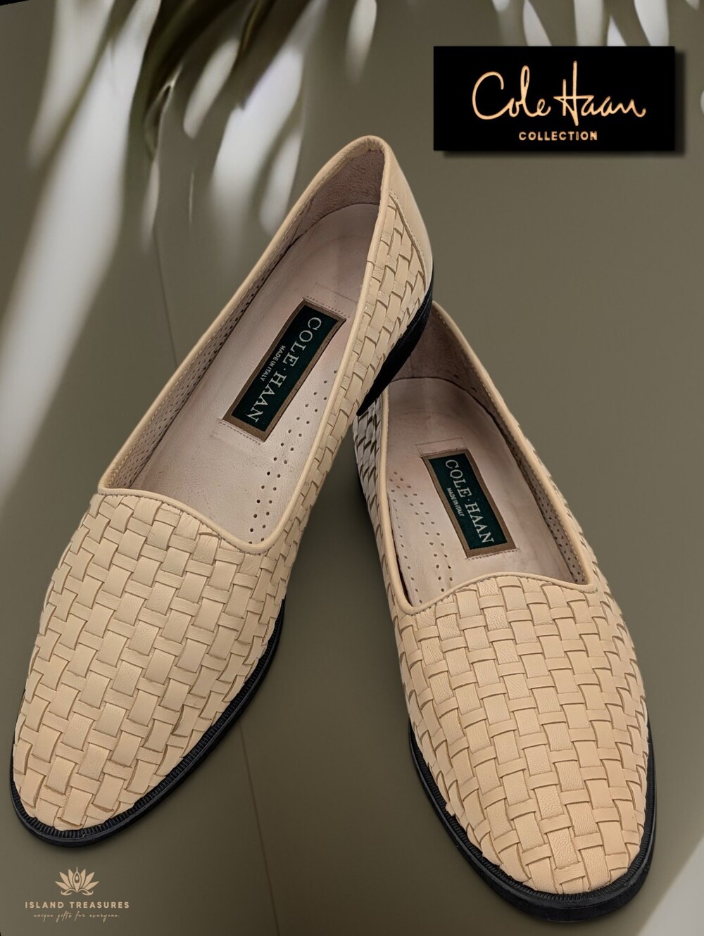 Cole Haan Sz 9.5AA Basket-Weave Leather Slip-On Flat Loafer Beige Made Italy
